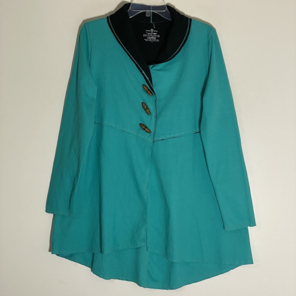 Neon Buddha Top Womens Small Teal Blue Jacket Toggle WaffleKnit Cotton Lagenlook